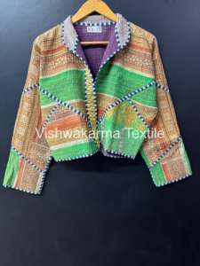 Bohemian Vintage Kantha Reversible <b>Quilted</b> Short Jacket Indian Handmade Cotton Autumn Winter Coat - Product Image 4
