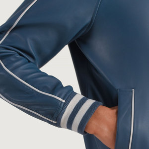 NIMBORO SPORTSWEAR <b>Men's</b> Blue Genuine <b>Leather</b> Bomber <b>Jacket</b> Mandarin Collar Zip Front Casual Regular Fit Solid Color White Trim - Product Image 6