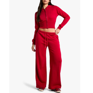 Survêtement rouge à capuche pour femmes, manches longues, couleur unie, coupe ample décontractée avec poches latérales, fermeture à cordon, vêtements d'automne - Product Image 5