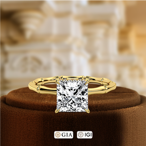Bague de fiançailles en diamant de laboratoire cultivé, taille princesse 1 carat, certifiée IGI, bague de mariée en bambou oscillant, bague cadeau pour elle, or massif 14 carats - Product Image 1