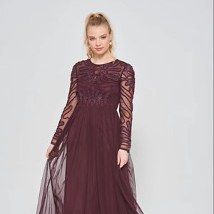 Elegante vestido formal de lujo con cuentas hecho a mano vestido de noche de manga larga una línea vestido de fiesta de tul vestido de noche - Product Image 1