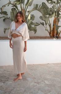 2025 Customized High Quality Women's <b>Maxi</b> <b>Skirt</b> Luxury Casual Classic Cotton Elasticated Back Ladies' Side <b>Slit</b> Long Natural - Product Image 6