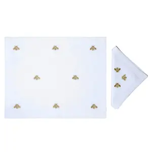 Custom Wholesale Embroidery Gold Bee Designs Placemat&Napkin Set For Home Restaurant Washable White Linen Placemat&Napkin Set