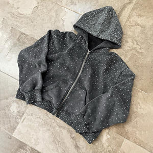 Custom Unisex Distressed Fleece French Terry Heavyweight Boxy <b>Thick</b> Zipper Jacket Rhinestone Double Zip up <b>Hoodie</b> <b>Men</b> - Product Image 1