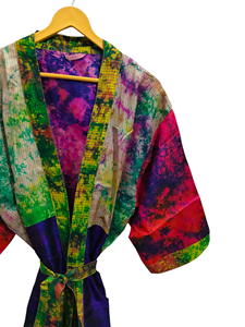 Seda Tie Dye Kimono Sari Robe Vestido de novia Vestido de maternidad Regalo Robe Beach Party Wear Indian Printed Silk Sari Kimono, - Product Image 5