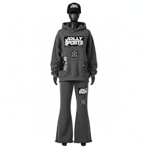 Survêtement pour femmes en coton et polyester gaufré de luxe, poids lourd 320 GSM, gris, style poche, logo personnalisé, survêtements grande taille - Product Image 1