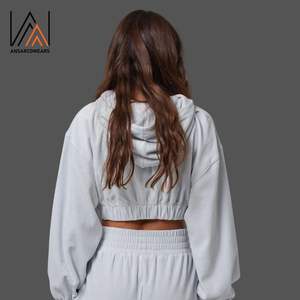 เสื้อฮู้ดสตรีทผ้าฟลีซผ้าไหมแบบสวมหัวเสื้อครอปเปิดไหล่โอเวอร์ไซส์ปักฉลากส่วนตัว - Product Image 3