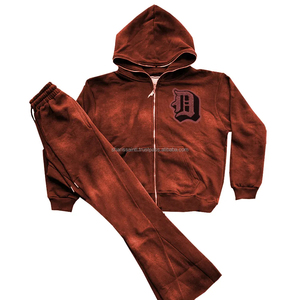 Sudadera con capucha y cremallera Ropa de calle lavada con ácido Chándal de hip hop Unisex Trajes de sudor apilados Hombres Sudaderas con capucha y pantalones de chándal personalizados - Product Image 4