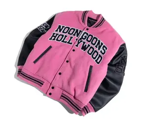 Vente en gros personnalisée Blouson baseball brodé chenille à manches en cuir Veste Letterman rose universitaire décontractée pour femmes