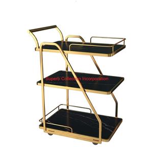Atractivo carrito de servicio de 2 niveles de Metal dorado con barra moderna superior de mármol para el hogar, cocina, comedor, Elegante restaurante de Hotel - Product Image 2