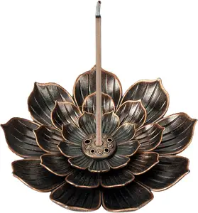 Porte-encens pour bâtons avec attrape-cendres détachable Lotus 6 brûleurs en métal décor à la maison