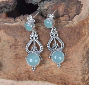 Joyería de plata fina hecha a mano, pendientes clásicos para niñas, Calcedonia acuática, Plata de Ley 925 sólida, piedras preciosas naturales, joyería de sello 925 - Product Image 3