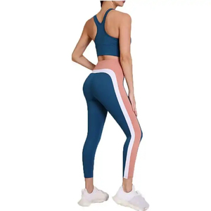 Women 2 Piece Yoga Set High Waist Leggings With Side Stripe V Neck <b>Crop</b> <b>Top</b> Seamless Stretch Sports Wear - Product Image 4