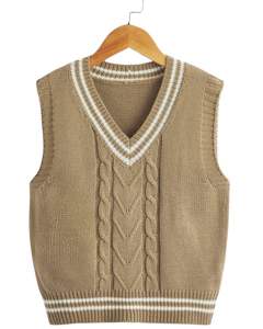 เสื้อกั๊กไหมพรมถักลายเคเบิลสีเบจ คอวี ไม่มีแขน ชายเสื้อแต่งแถบสีขาว คลาสสิก อุ่นสบายสำหรับฤดูหนาว สำหรับผู้ชาย - Product Image 1