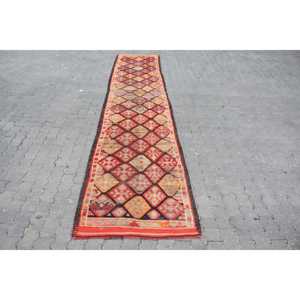 2.8x13.9 ft Rug, Vintage Turkish Rug, <b>Red</b> Brown Ombr <b>Wool</b> Rug - Product Image 1