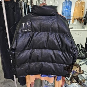 Chaqueta de cuero bordada con letras Winter New Thug Club, cálida Chaqueta de algodón con cuello levantado, alta calidad - Product Image 2