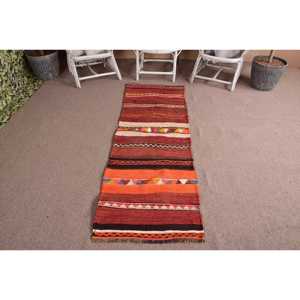 Turkish Vintage Rug, 2.3x7 ft Kilim Rug, <b>Red</b> Orange Bordered <b>Wool</b> Rug - Product Image 1