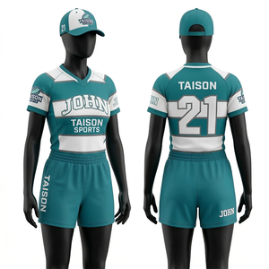 Tenue de rugby pour femmes en tissu interlock polyester 180 GSM, design à panneaux vert et bleu, personnalisable par sublimation avec logo, nom et numéro. - Product Image 4