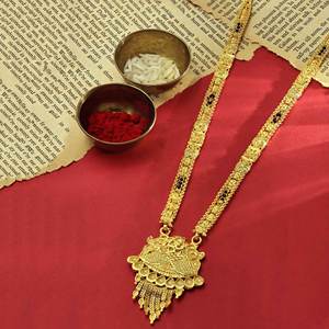 Gros 24K Micro Plaqué Or Long Pendentif Mangalsutra, mariage indien Mangalsutra, Micro Or Mangalsutra avec Perles Noires. - Product Image 2