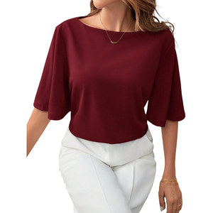 Blusa informal holgada de manga media para mujer, camisa de punto suave con cuello redondo de color liso, blusa de moda para el día a día, para primavera y verano - Product Image 1