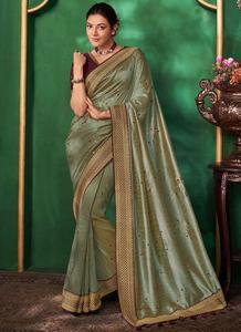 Bollwood-Saree de seda Kajal Aggarwal Vichitra con bordado, trabajo y encaje bordado pesado, trabajo con compras en línea latkan - Product Image 4