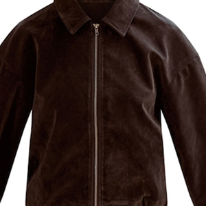 Blouson bomber plissé zippé en laine kaki avec col en V, coupe ample et décontractée, texture luxueuse imitation, imperméable, style streetwear urbain - Product Image 3