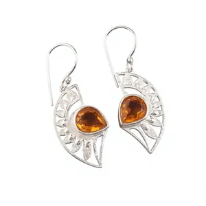 925 Silver Luxury Bohemia Drop Earrings Yellow <b>Citrine</b> Gemstone Geometric Leaf Pattern for Women Everyday Wedding Party Gift - Product Image 6