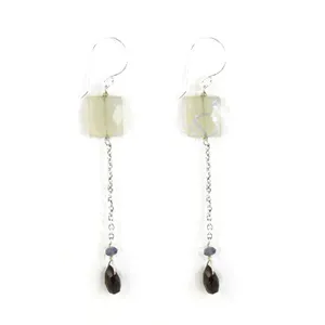Boucles d'oreilles pendantes tendance pour femmes, en argent, avec quartz fumé, style religieux classique, forme de plume, en cuivre et acier inoxydable, pour les fêtes - Product Image 1