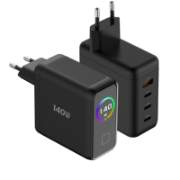 Chargeur mural rapide 140W GaN 4 ports, prise EU, USB C, USB A, adaptateur secteur avec affichage numérique pour ordinateurs portables, téléphones, tablettes
