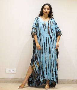 Style bohème rayonne cravate teinture robe pour femmes col en V longue cravate teinture caftan été et plage porter corps complet couvrir caftan robe - Product Image 3