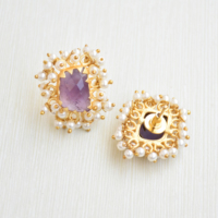Anting Tusuk Berlapis Emas Kuningan Alami Batu Amethyst Alami Tekstur Matte Geometris Set Bezel Trendi Klasik Fashion