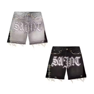 Custom Men's Vintage Oversize Denim <b>Jean</b> Shorts Breathable <b>Raw</b> <b>Hem</b> Embroidery Distressed Applique Mid Streetwear Print Y2K Style - Product Image 4