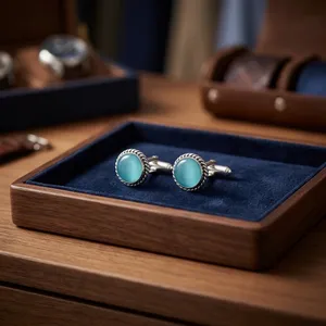 Ensemble de boutons de manchette œil-de-chat bleu de haute qualité, best-seller, en argent sterling 925 plaqué, bijoux unisexes pour mariage. - Product Image 1
