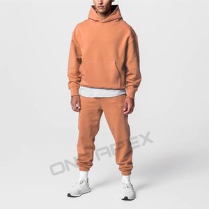 Streetwear de haute qualité survêtements pour hommes en coton lourd bouton personnalisé à capuche pantalons de survêtement ensemble deux pièces - Product Image 1