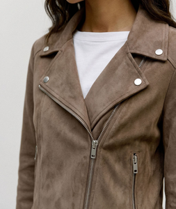 Brown <b>Suede</b> Moto <b>Jacket</b> With Zipper Closure Regular Fit Unisex Autumn Style - Product Image 3