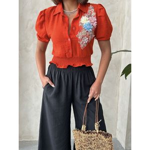 เสื้อเชิ้ตผ้าลินินลายดอกไม้สีส้ม Topshow ขายส่ง - สีส้ม - Product Image 4