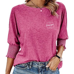 OEM เสื้อยืดคอกลมทรงหลวมสำหรับผู้หญิงเสื้อยืดแขนสามส่วนลำลองสีพื้น - Product Image 5