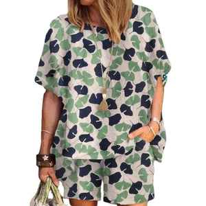 2025 moda de verano nuevos deportes estampado Mujer cuello redondo manga corta Camiseta cintura elástica pantalones cortos sueltos de pierna ancha conjunto de dos piezas - Product Image 3