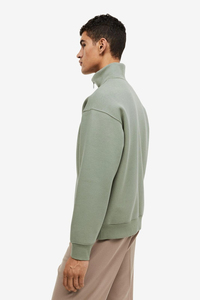 เสื้อสเวตเตอร์ซิปครึ่งแขนผ้าฝ้ายลำลองใส่สบายพร้อมซิป1/4เสื้อแขนยาวสีพื้นปะติดสำหรับฤดูหนาว - Product Image 4