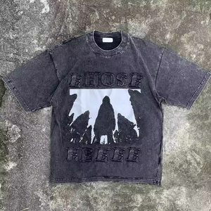 T-shirt vintage de qualité supérieure avec broderie surdimensionnée délavée à l'acide en coton de haute qualité pour hommes - Product Image 1