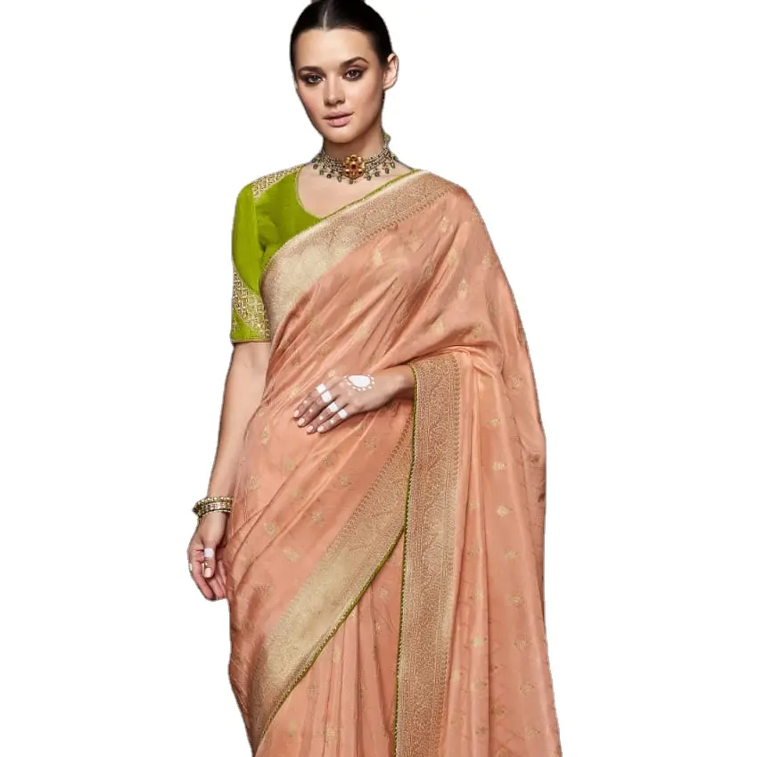 Şeftali ve yeşil dokuma viskon dol ipek Butti iş sari tasarımcı nakış iş bluz düğün şenlikli giymek için