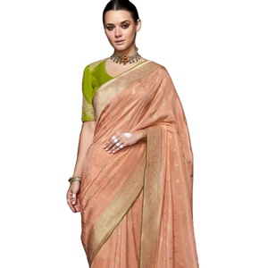 Peach & Green tejido viscosa Dola seda Butti Work Saree Con diseñador bordado trabajo blusa para boda ropa festiva - Product Image 1