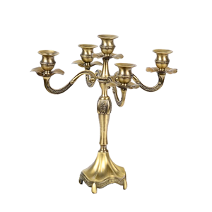 Candélabre à 5 bras en métal poli or antique support votif impression personnalisée pour les fêtes de mariage événements à domicile fournisseurs indiens de luxe - Product Image 1