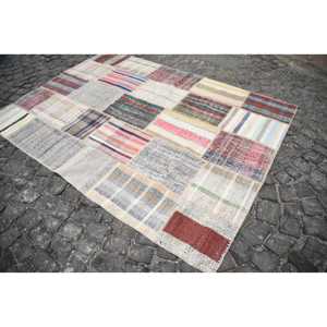 Tapis de 5,6 x 7,6 pieds, tapis turc vintage, tapis beige patchwork ombré - Product Image 3