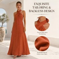 Robe longue élégante en coton et lin à col croisé, coupe ample et simple avec bretelles larges