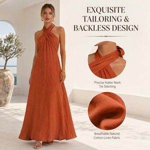 Abito Elegante in Cotone e Lino <span class=keywords><strong>con</strong></span> Scollo Incrociato, <span class=keywords><strong>Vestito</strong></span> Lungo Semplice <span class=keywords><strong>con</strong></span> <span class=keywords><strong>Spalline</strong></span> Larghe - Product Image 3