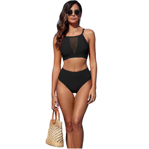 Women's Black Halter Bikini <b>Set</b> High Waist <b>Mesh</b> Detail Spandex Polyester Swimwear <b>Two</b> <b>Piece</b> Tankini Style - Product Image 5