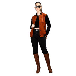 แจ็กเก็ตเบสบอลตัวอักษรหนังแท้สำหรับผู้หญิงเยาวชนผู้ใหญ่กำหนดได้เองสีพื้น - Product Image 5