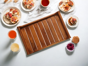 Plateau de service moderne en bois à lattes avec poignées, design rectangulaire minimaliste, multifonctionnel pour l'affichage des aliments dans les hôtels, Ramadan - Product Image 6