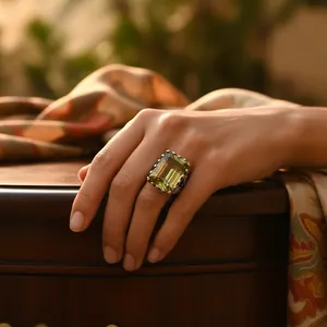 Bague tendance hip-hop romantique en argent 925 avec citrine taille ovale, plaquée or rose, incrustation rectangulaire, cadeau pour femme - Product Image 1